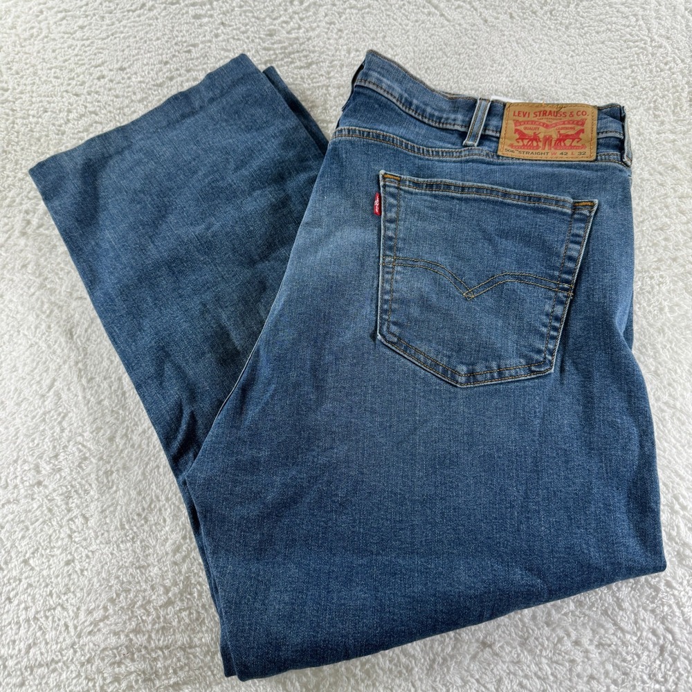 Levi's‎ 506 Straight 42x26 Hemmed Blue Denim Jeans Clean Flat Front Medium Wash